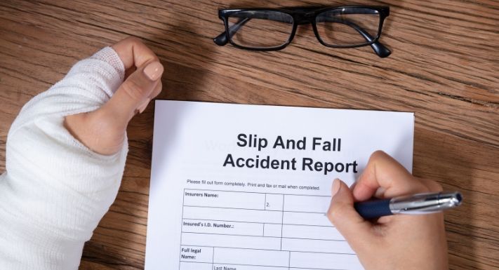 A person filling out a "Slip and Fall Accident Report" in one hand whereas the other hand is wrapped in a cast.